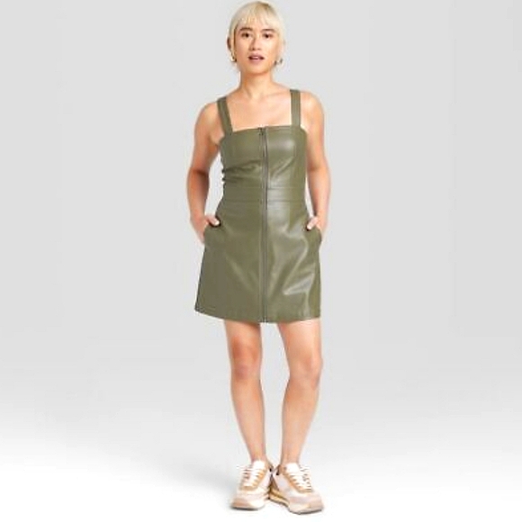 NWT Wild Fable Faux Leather Olive Green Zippered Mini Dress w/Pockets - Picture 2 of 15